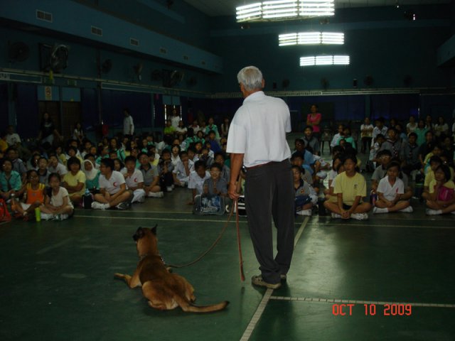 Murid-murid Sekolah Rendah Peng Bin, Bukit Tengah mendengar pertunjukan penjagaan anjing pada 10-10-2009